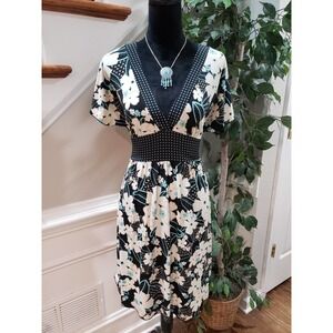 Wishes Wishes Wishes Women Multi Floral Polyester V Neck Knee Length Dress Sz M